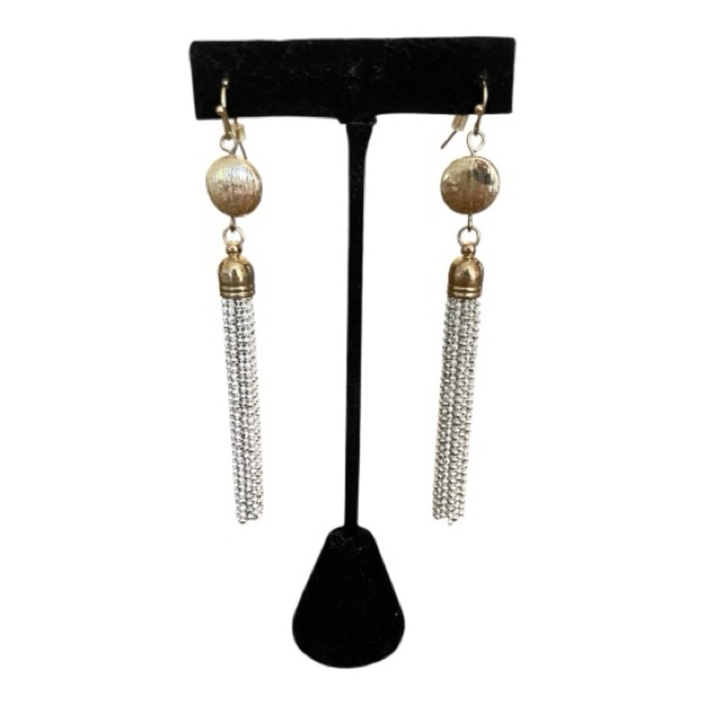 White House Black Market Gold Tassel White Dangle Earrings Minimalist Classic - Picture 2 of 6